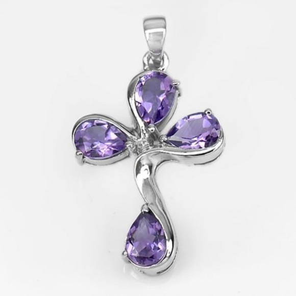 Jewelry - Sterling Silver Pendant White Gold Plated with Natural Gem Purple Amethyst